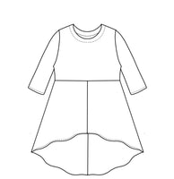 drawing of a pull over top with a mid-thigh length, round neckline and elbow length sleeves