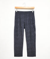 black and grey striped straight leg pant with a contrasting tuxedo stripe on the sides