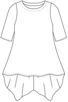 illustration of a long tunic with an extended back hem, in two dramatic points. 