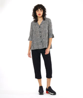 model in a black crop pant with a black and white striped button down blouse with 3/4 sleeves