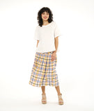 boxy white pullover top with a multi color plaid skirt