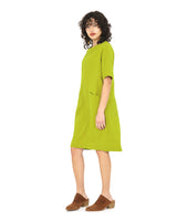 model in a lime shift dress with princess seams and angled hip pockets