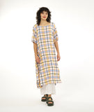 model in a midi length multi-color plaid dress with a short sleeve, rounded neckline and a contrasting hip pocket, worn over a pair of wide leg white pants