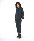 model in a grey and black striped pant with a contrasting tuxedo stripe, worn with a matching button down blouse with long sleeves and a full body with contrasting godets