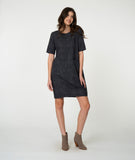 model in a grey and black pinstriped shift dress with princess seams and hip pockets
