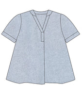 illustration of a navy and white pinstripe top with a boxy body and a vneck
