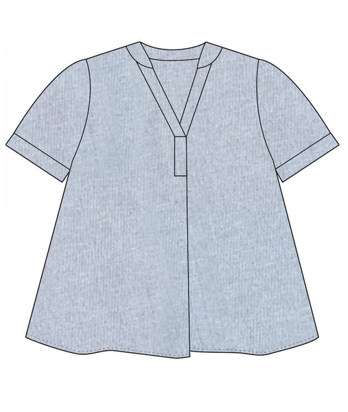 illustration of a navy and white pinstripe top with a boxy body and a vneck