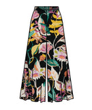 A long, wide-leg pant with a vibrant floral print on a black background, featuring pink, yellow, green, and orange flowers with white outlines, shown against a plain white background.