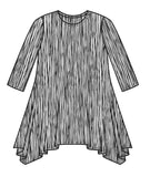 technical illustration of a black and white striped tee with a long body and drapes on the sides