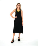model in a long black tank dress