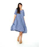 model in a blue and white striped dress with contrasting stripe direction panels, and shaping tucks at the hips