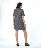 model in a grey pullover dress with an open flat collar and a short sleeve