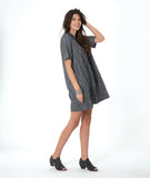 model in a grey pullover dress with an open flat collar and a short sleeve