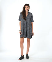 model in a grey pullover dress with an open flat collar and a short sleeve