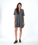 model in a grey pullover dress with an open flat collar and a short sleeve