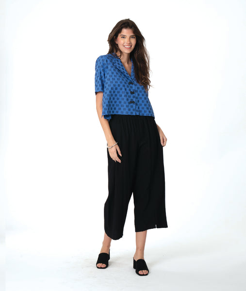 model in a black pant with a checkered blue and grey print button down blouse with short sleeves and a cropped body