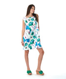 model in a white shift dress with a vibrant floral print. dress is sleeveless with a squared neckline, princess seams, and hip pockets