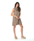 model in an taupe sleeveless shirtdress