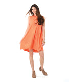 model in an orange sleeveless shirtdress