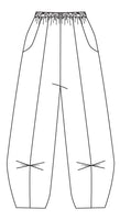 drawing of an elastic waist pant with a pockets and a pinched detailing at the mid calf