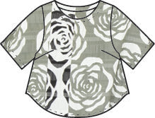 illustration of a boxy pullover tee in a striped rose print
