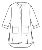 illustration of a long tunic with squared hip pockets, 3/4 sleeves, and slits on the sides. decorative buttons up the front placket