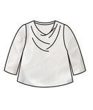 A flat line-art illustration of a women's blouse with three-quarter sleeves and a draped neckline, shown on a plain white background. blouse has a swirl texture