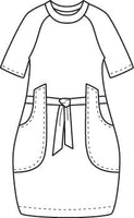 illustration of a raglan sleeve shift dress with a tie belt at the waist, which runs through exterior pocket loops