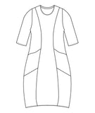 Illustration of a short sleeve shift dress with round neckline. Princess seams and front pockets.