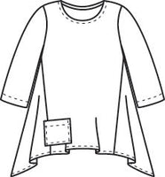 illustration of a pull over top with a single squared pocket at the hip, 3/4 sleeves, and a hankerchief hem