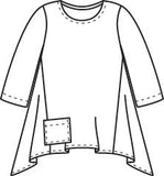 illustration of a pull over top with a single squared pocket at the hip, 3/4 sleeves, and a hankerchief hem