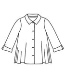 Illustration of a button down blouse with double sets of "twin" shell buttons down the front, easy a-line shape and straight hem. Sleeves are 3/4 sleeve with open cuff. Inverted pleat and open notched collar in back.