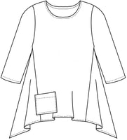 drawing of a full body pull over top with 3/4 sleeves and a single hip pocket