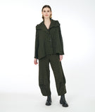 Model in a green distressed jacket with a drawstring collar, triangle buttons and pockets, with a matching wide leg pant