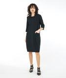 model in a distressed black shift dress with princess seams, 3/4 sleeves and hip pockets