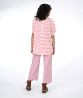 model in a red and white striped top with a matching pant in a pinstripe
