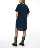 model in a boxy blue dress with a vneck