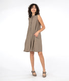 model in a brown sleeveless shirtdress