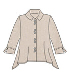 illustration of a taupe button down blouse with a hankerchief hemline and 3/4 sleeves