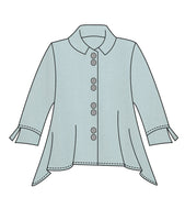 illustration of a blue button down blouse with a hankerchief hemline and 3/4 sleeves
