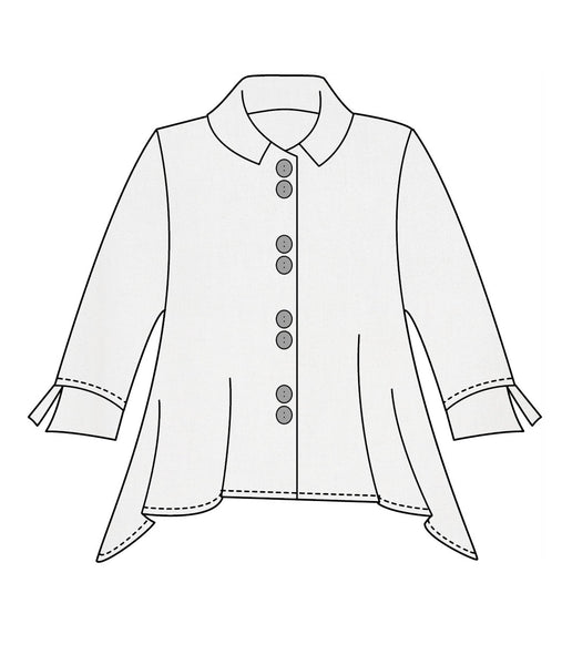 illustration of a white button down blouse with a hankerchief hemline and 3/4 sleeves